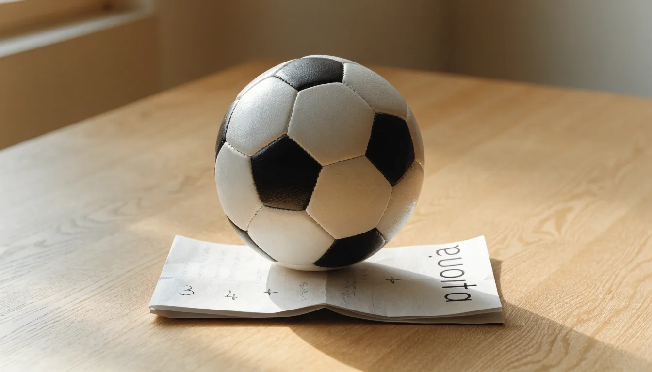 Un pallone da calcio appoggiato su una schedina bianca su un tavolo di legno, alla luce del giorno