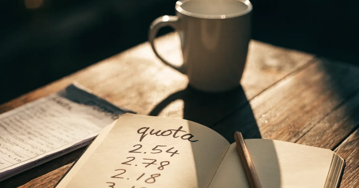 Un quaderno aperto con quote scritte a mano, una calcolatrice e una matita su un tavolo di legno